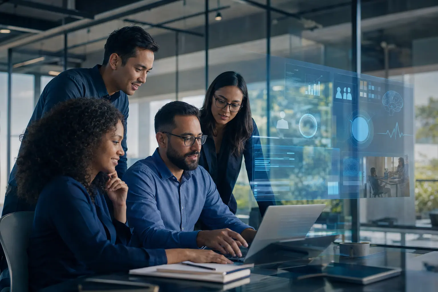 Equipe multidisciplinar analisando soluções digitais em ambiente corporativo